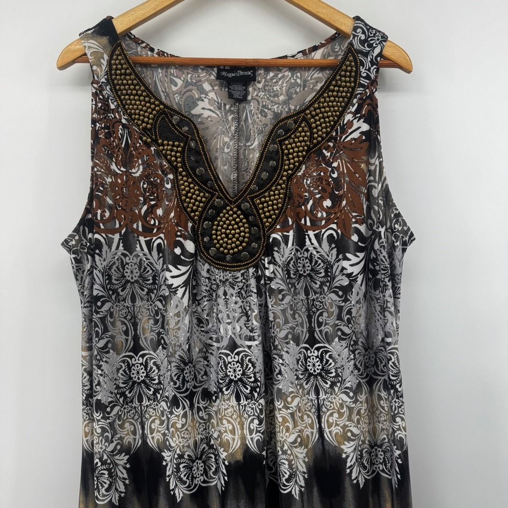 Boho Maxi Dress 0X 14/16W Embellished Beaded Neck Brown Black Stretch Resort - Picture 14 of 16